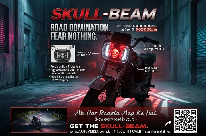 Premium Skull Headlamp for Honda CD70 & CG125 â Aggressive Red Skull DRL with Dual LED Projectors