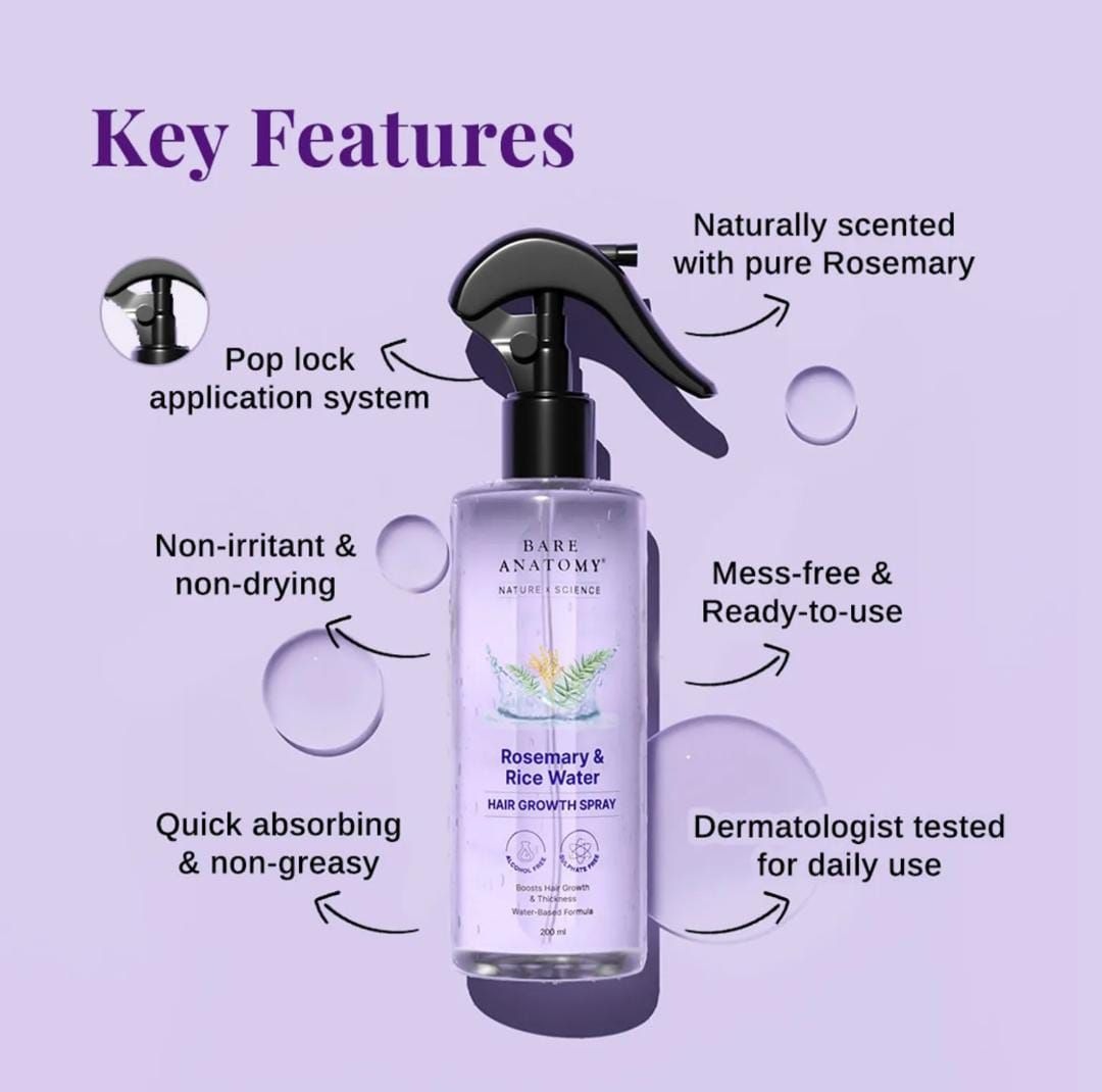 Bare Anatomy Rosemary And Rice Water Hair Growth Spray Boosts Thickness Controls Hair Fall 200Ml - Image 4