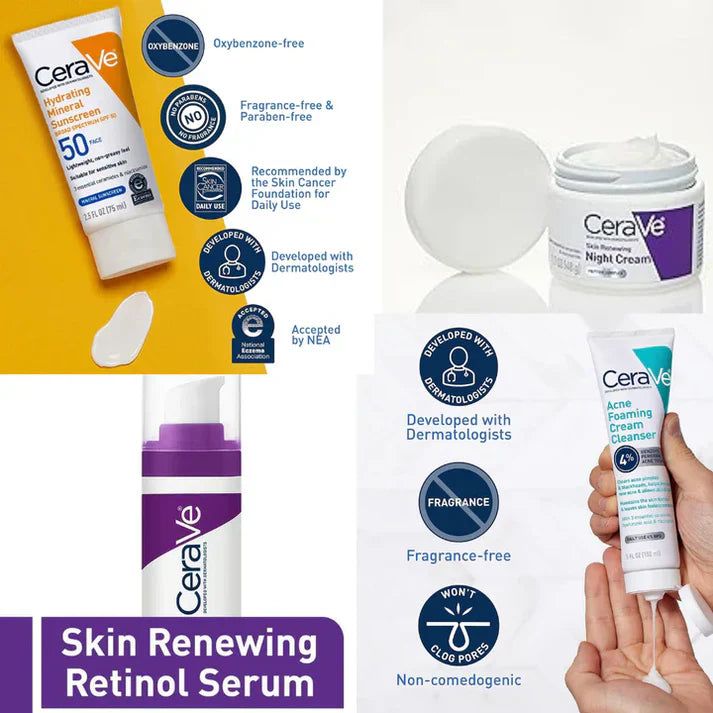 CeraVe Complete Skincare Combo Kit Sunscreen SPF 50, Acne Cleanser, Retinol Serum & Night Cream - Image 5