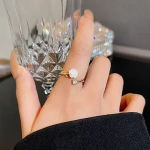 Gold Plated Adjustable Flower Ring for Women – Off White Floral Crystal Statement Ring