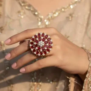 Gold Plated Maroon Crystal Adjustable Ring for Women – Elegant Party Wear Statement Ring