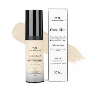24 Hours Crazy Girl Glass Skin Foundation + Concealer – Waterproof Full Coverage HD Foundation 30ML