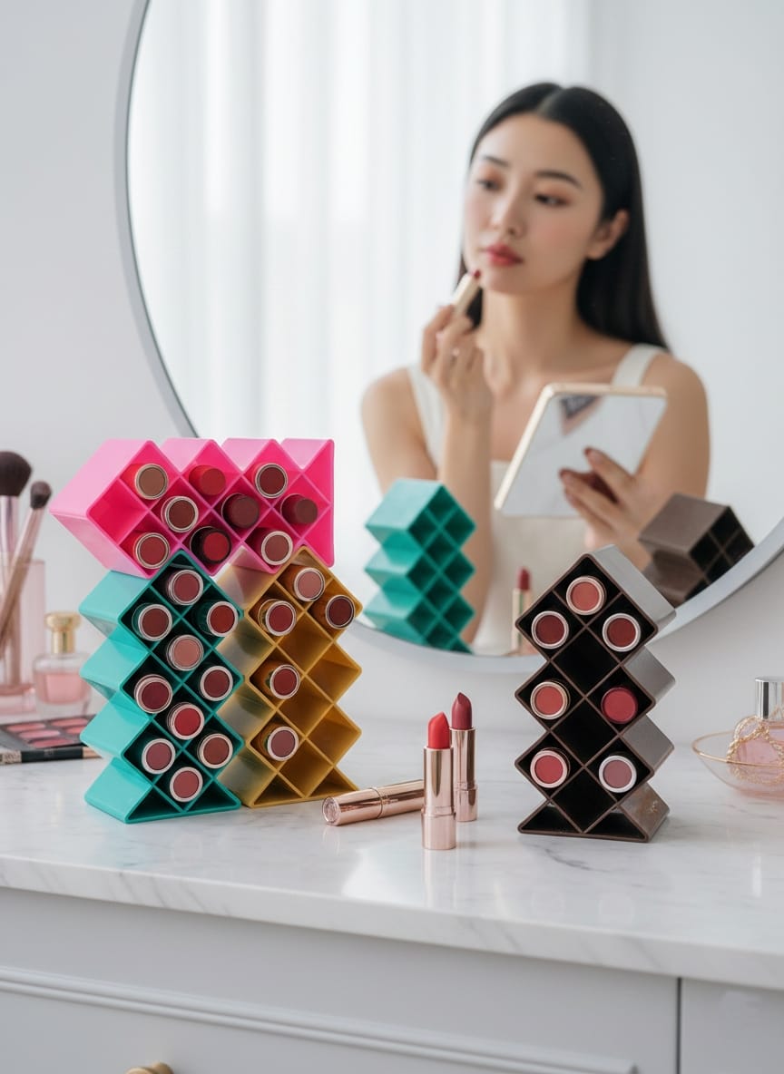 Plastic 10 Grid Lipstick Organizer with Storage Box Makeup Holder for Lipsticks & Cosmetics - With Box (Random Color) - Image 2