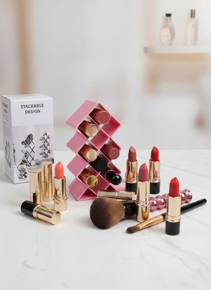 Plastic 10 Grid Lipstick Organizer with Storage Box Makeup Holder for Lipsticks & Cosmetics - With Box (Random Color) - Image 3
