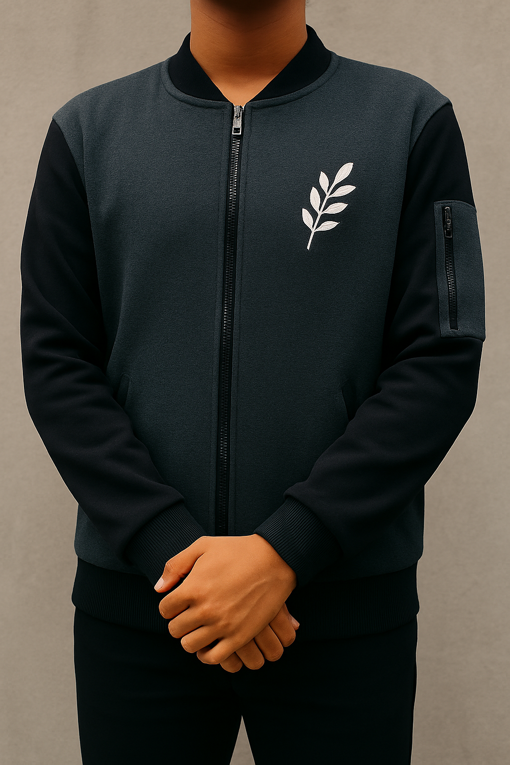 New Winter Collection Charcoal Grey Leaf Printed Zipper Jacket for Men & Boys â Warm & Stylish Fleece Outerwear