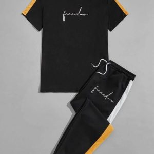 Men Black & Yellow / Black Striped Tracksuit Set – Polyester Summer Wear