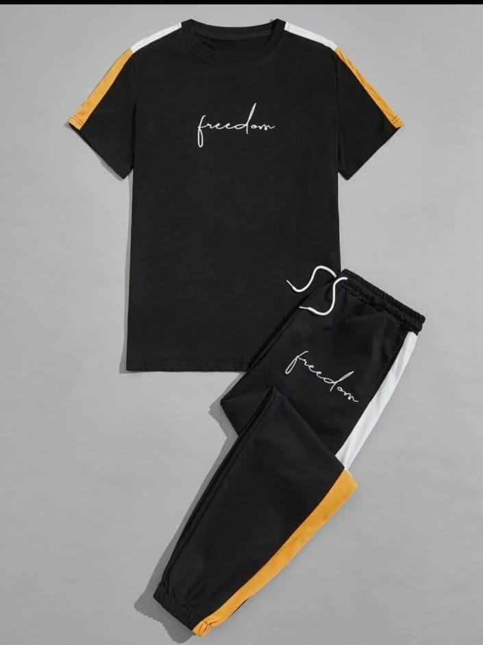 Men Black & Yellow / Black Striped Tracksuit Set – Polyester Summer Wear