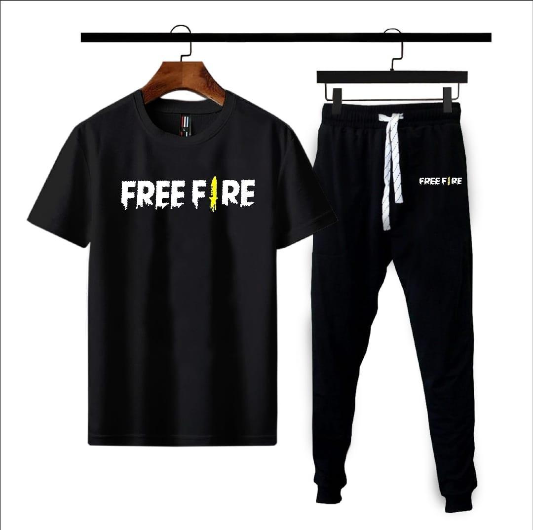 Men Free Fire Co-Ord Set Black Polyester – Casual Summer Wear