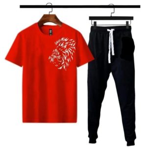 Men Red Lion Print Track Suit with Black Jogger Pants – 2Pcs