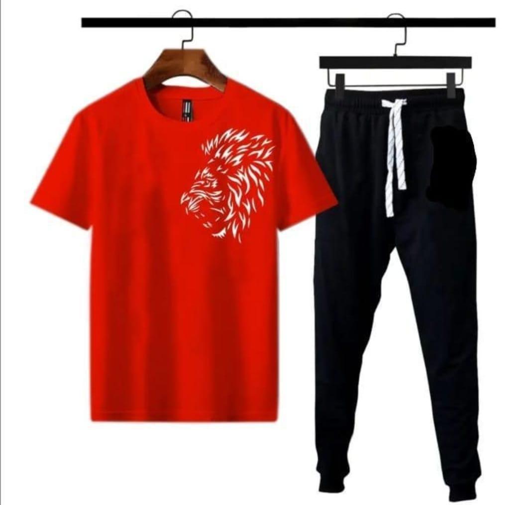 Men Red Lion Print Track Suit with Black Jogger Pants – 2Pcs