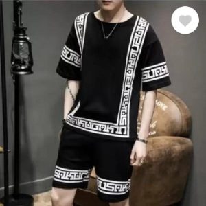 Men Printed Dri Fit Tracksuit Black Greek Key Shorts Set