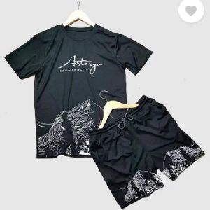 Men's Grey & Black Mountain Print Tracksuit – Polyester Summer Wear