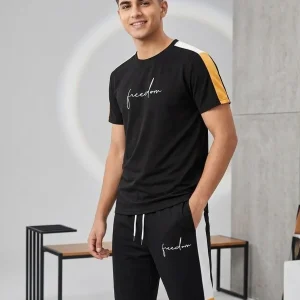 Men Grey, Brown, Black with Yellow Stripes Printed Track Suit 2Pcs XL to XXL