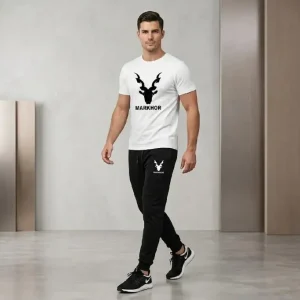 Men Dri Fit Printed Track Suit White Slim Fit 2Pcs Sports Wear XL