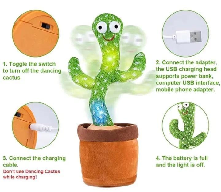 Interactive Dancing Cactus Toy â Singing, Talking, Voice Recording Plush with USB Rechargeable Function â Fun Educational Gift for Babies and Kids (Ages 6 Months & Up) - Rechargeable & With Box