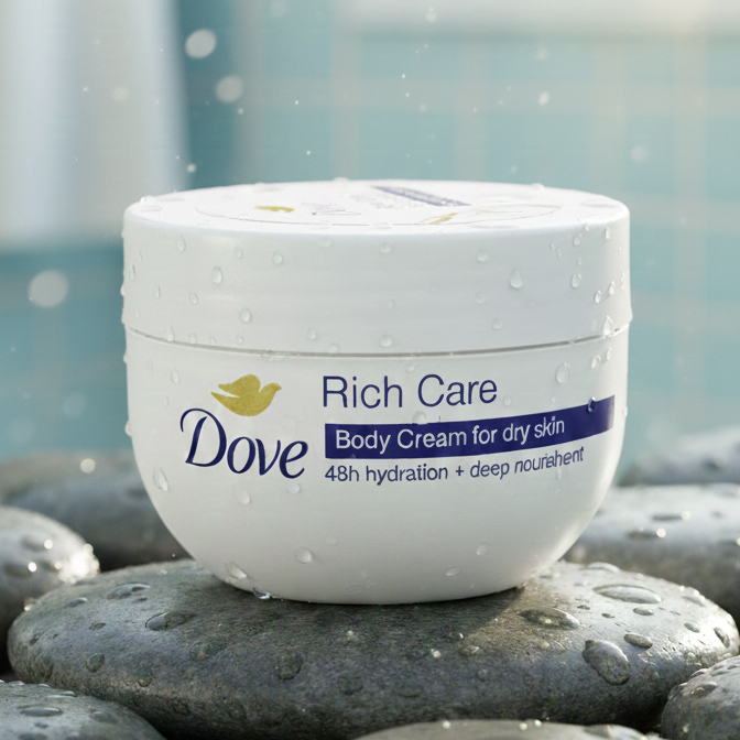 A Radiant Oasis of Hydration: Dove Rich Care Body Cream 48h Moisture & Deep Nourishment Captured in Nature's Light - Image 2