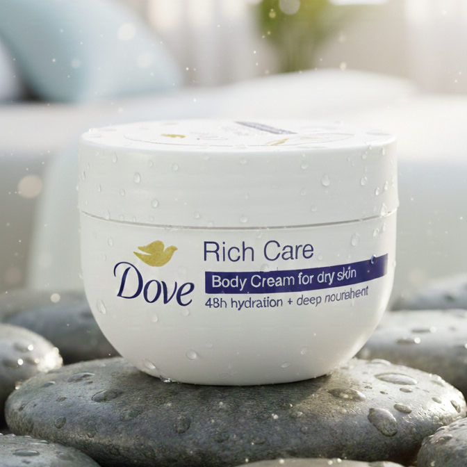 A Radiant Oasis of Hydration: Dove Rich Care Body Cream 48h Moisture & Deep Nourishment Captured in Nature's Light