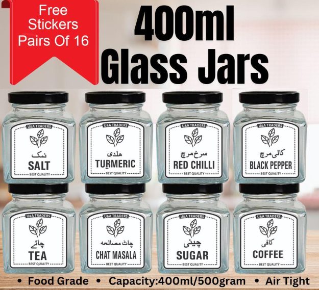8 Pcs Glass Spice Jars Set 400ml with Black Lids – Kitchen Seasoning Storage Containers