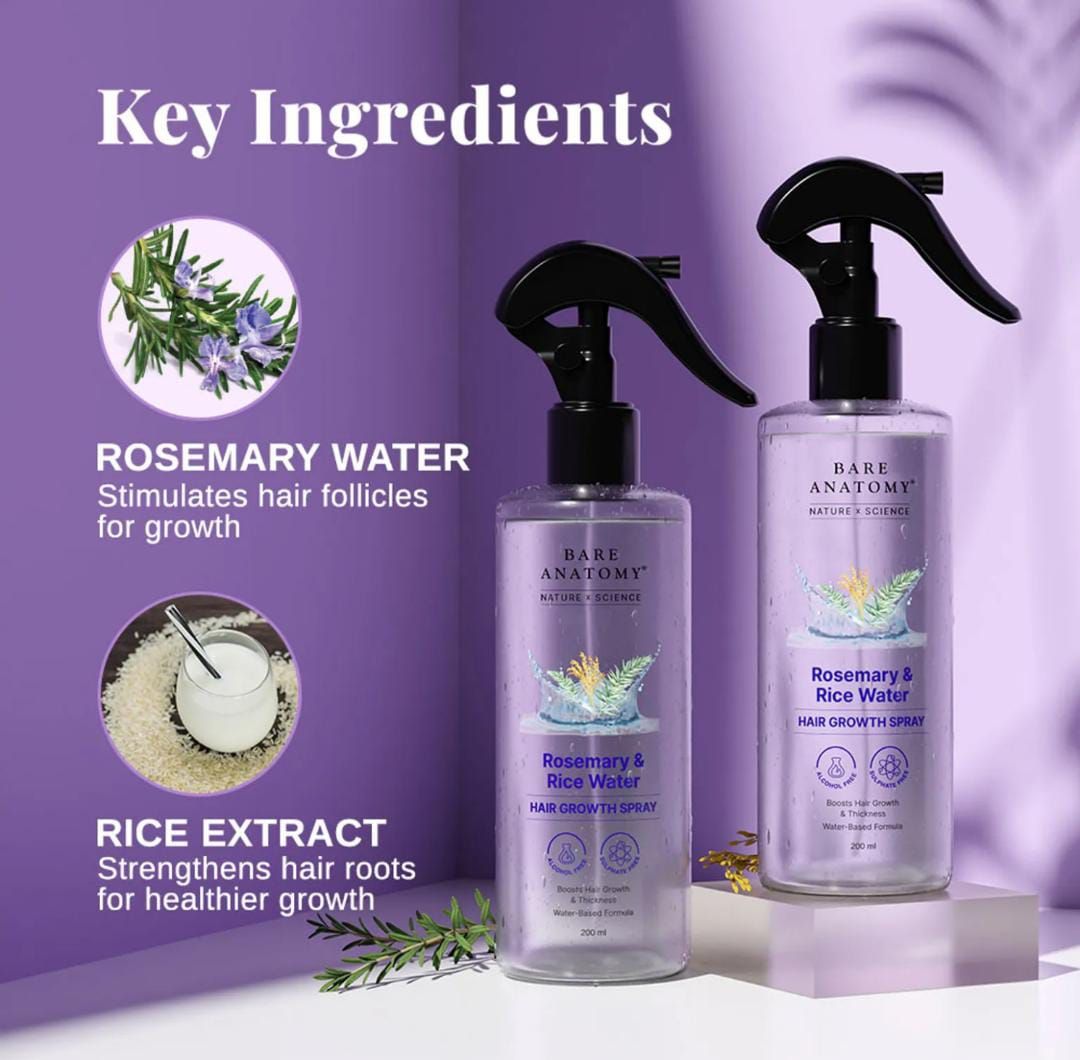 Bare Anatomy Rosemary & Rice Water Hair Growth Spray | Boosts Thickness | Controls Hair Fall | 200ml