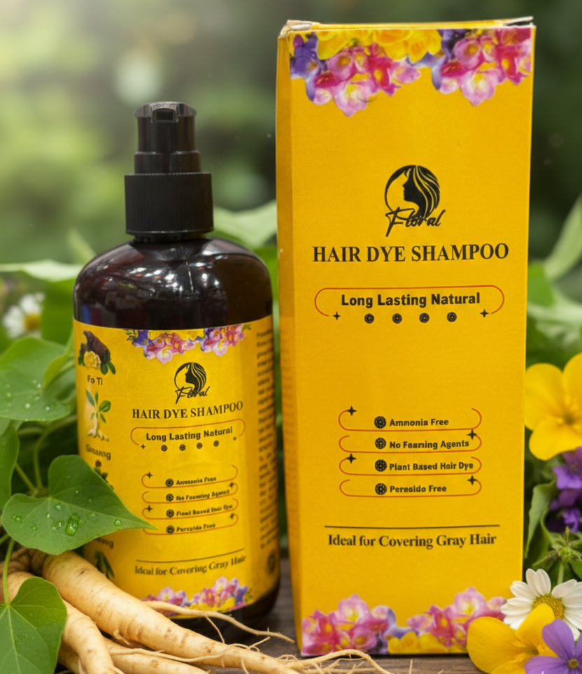 Floral Natural Hair Dye Shampoo - Ammonia-Free Herbal Formula with Ginseng & Fo-Ti for Long-Lasting Gray Hair Coverage | 200ml - Image 4