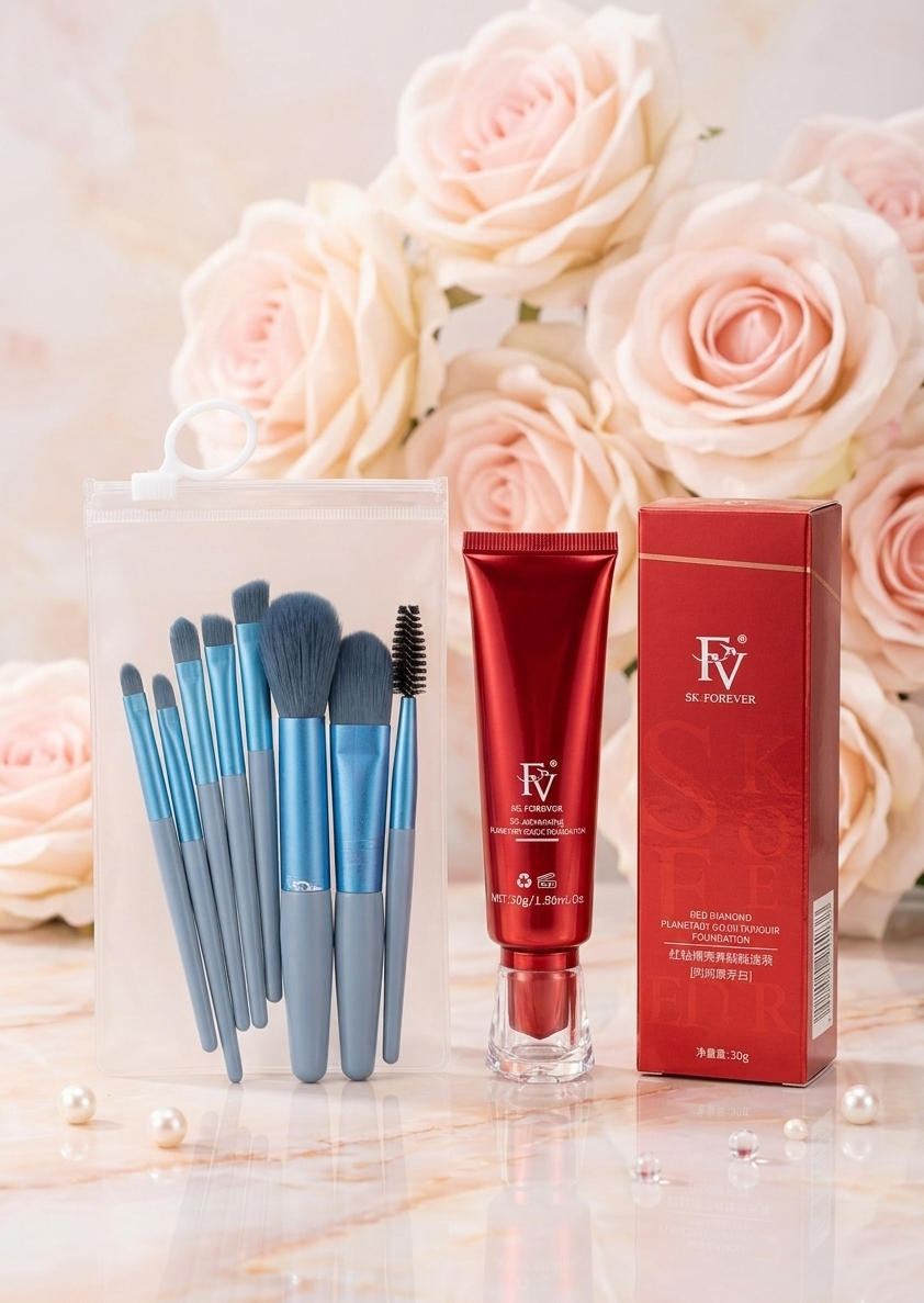 Ivory Shade FV Foundation With 8 Pcs Makeup Brush Set Full Coverage Face Makeup Kit For Women - Image 2
