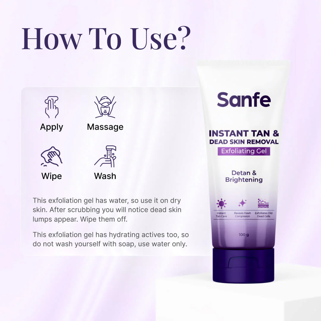 Sanfe Instant Tan & Dead Skin Removal Exfoliating Gel | Detan & Brightening Body Scrub | 100g - Image 3