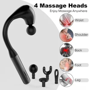 Long-Handle Fascial Gun Massager – Ergonomic Percussion Massage Tool with 4 Interchangeable Heads – Rechargeable Full Body Muscle Relaxer
