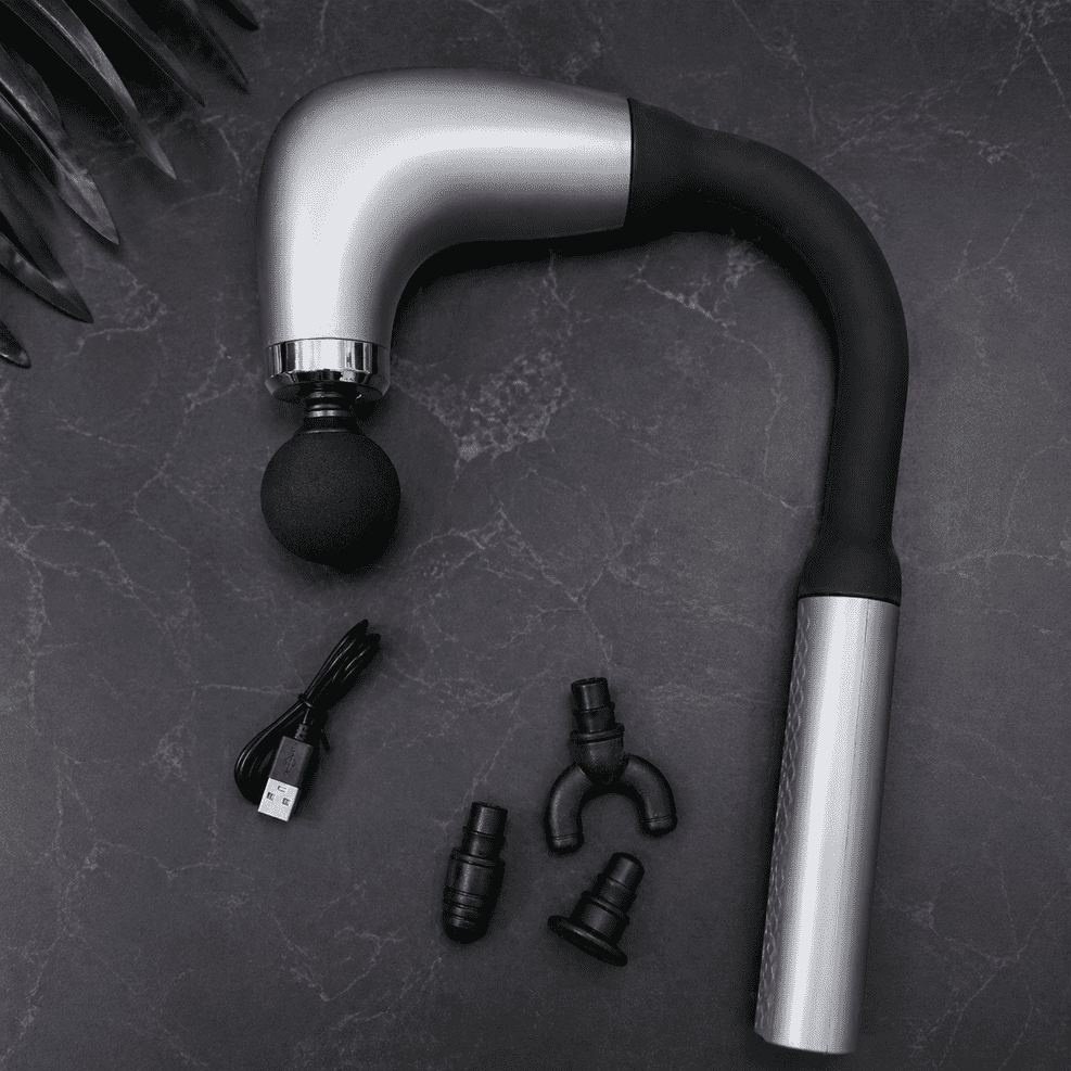Long-Handle Fascial Gun Massager Ergonomic Percussion Massage Tool with 4 Interchangeable Heads Rechargeable Full Body Muscle Relaxer - Image 3