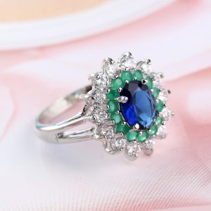 Blue Green Zircon Flower Ring for Women – Elegant Floral Daily Wear Fashion Jewelry
