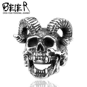 Men Stainless Steel Punk Skull Ring with Horns | Bold Biker Fashion Ring