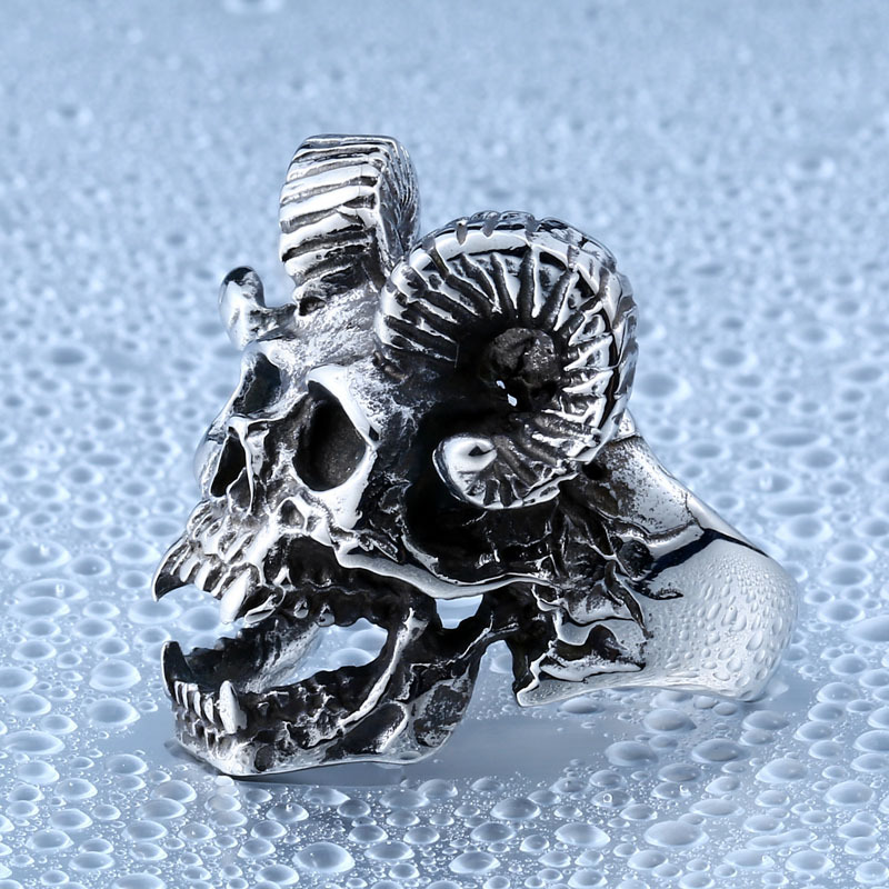 Men Stainless Steel Punk Skull Ring with Horns | Bold Biker Fashion Ring - Image 2