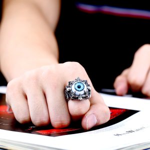 Men’s Stainless Steel Devil Eye Ring Blue Crystal Stone | Bold Gothic Biker Fashion Statement Ring for Daily Wear, Party, Wedding & Gift for Men