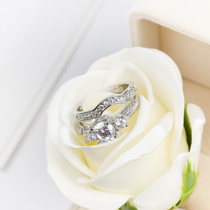 White Zircon Couple Ring Set for Women – Elegant Matching Promise & Engagement Rings - Image 2