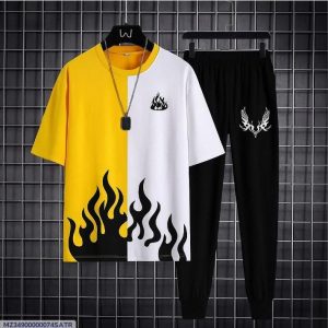 Men’s Flame Slim Fit Track Suit 2 Pcs - Yellow, Mehroon, & Black – Premium Polyester Round Neck T-Shirt & Trouser Set for Eid, Summer & Casual Wear