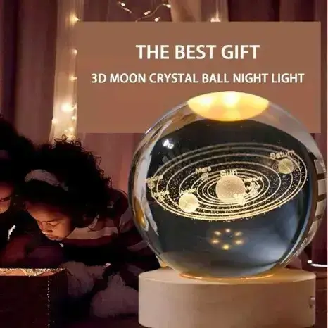 3D Galaxy Solar System Crystal Ball Night Light with Wooden Base for Boys and Girls