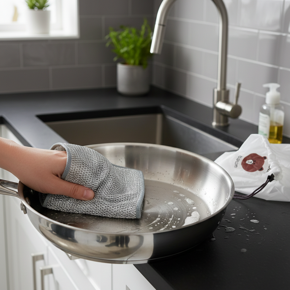 Combo Deal 2 Pcs Metal Wire Cleaning Cloths with 1 Bear Design Food Cover Packet Kitchen Cleaning & Food Protection Set - Image 3