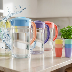 Premium 2.8 Liter Water Jug with 6 Glasses Unbreakable Plastic Drinkware Set for Home & Office (Random Color)