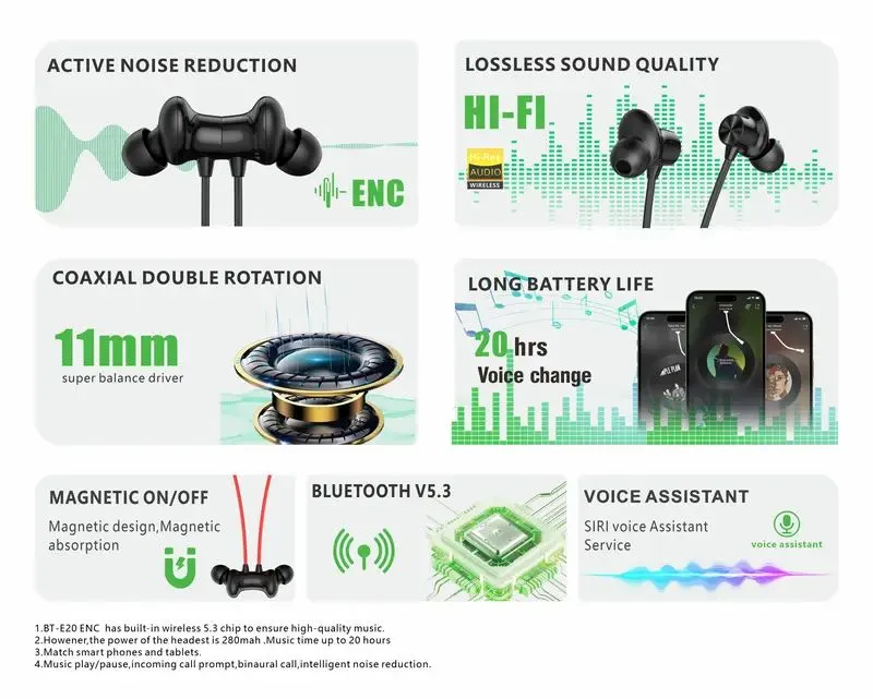 EroreX BT E20 ENC Wireless Neckband Earphones Noise Cancellation, Bluetooth 5.3, Magnetic Design & Long Battery Life - Image 3