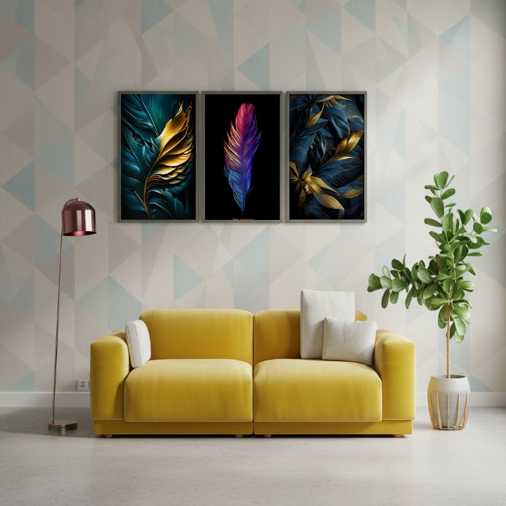3-Piece Feather Design Wall Art Frames Modern Decorative Wall Hanging Set, 8x11 Inches Each with Double Tape for Easy Installation - Image 2