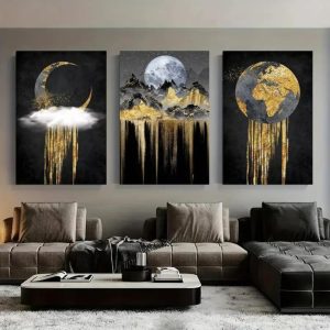 Set of 3 Wooden StickyTile Frames 8x11 Black & Gold Wall Art with Moon, Mountains & Globe + Double Tape Included