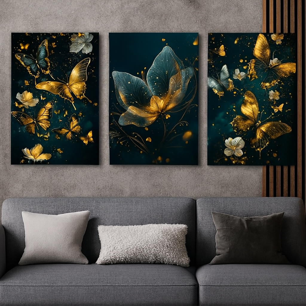3 Pcs Butterfly Wall Art Frame Set Elegant Golden Butterfly And Floral Design With Wooden Sticky Tile 8x11 Inches With Double Tape - Image 3