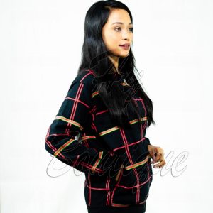Winter Collection Womens Red & Green Lining Print Jacket | Stylish & Warm Outerwear | Trendy Winter Fashion for Ladies