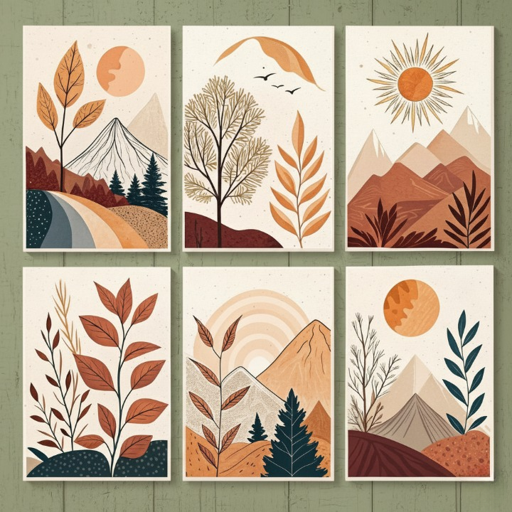 Hills Moon Sun Leaves Wooden Wall Art 6 Piece Decorative Frame Set Made With Wooden Stickytile, Size 8x11 Inches Each, Easy To Mount With Double Tape - Image 3