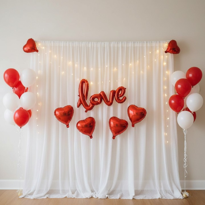 32 Pcs Romantic Tent Decoration Set With Red & White Balloons, Foil Heart, LED Lights & White Curtain Backdrop For Bedroom - Image 3