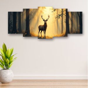 5-Piece Wooden Wall Frame  Deer in Forest Sunset Design | 16x40 Inch with Sticky Tiles