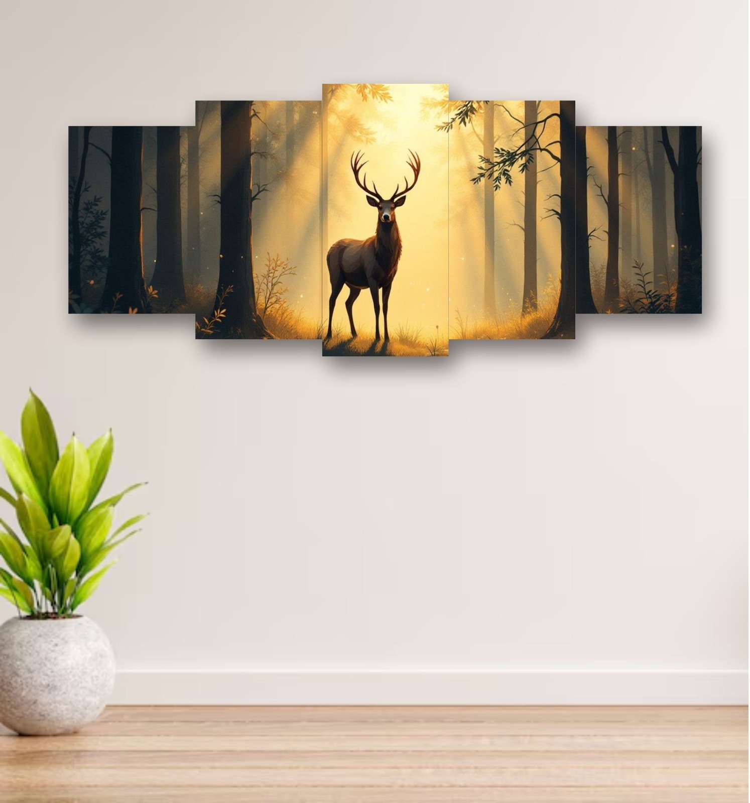 5-Piece Wooden Wall Frame Deer in Forest Sunset Design | 16x40 Inch with Sticky Tiles