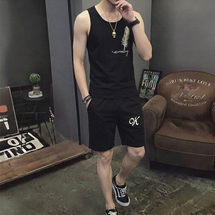 Men's Summer Sando & Shorts Set Stretchable Cotton Jersey Fabric, Soft Breathable Sleeveless Top and Comfortable