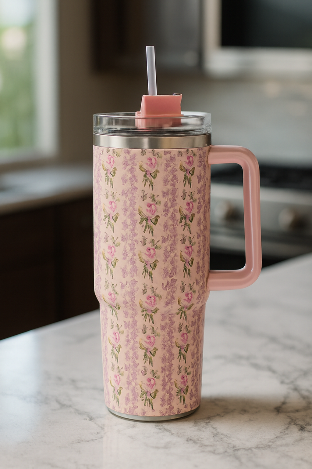 Floral Insulated Travel Tumbler 40oz Double-Wall Vacuum Flask with Ergonomic Handle & Leak-Resistant Lid (Random Colour) - Image 2