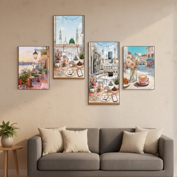 Set of 4 Modern Islamic Wall Art Prints | Wooden Sticky Tiles | 8x16 & 8x11 | Easy Wall Décor | Double Tape Included