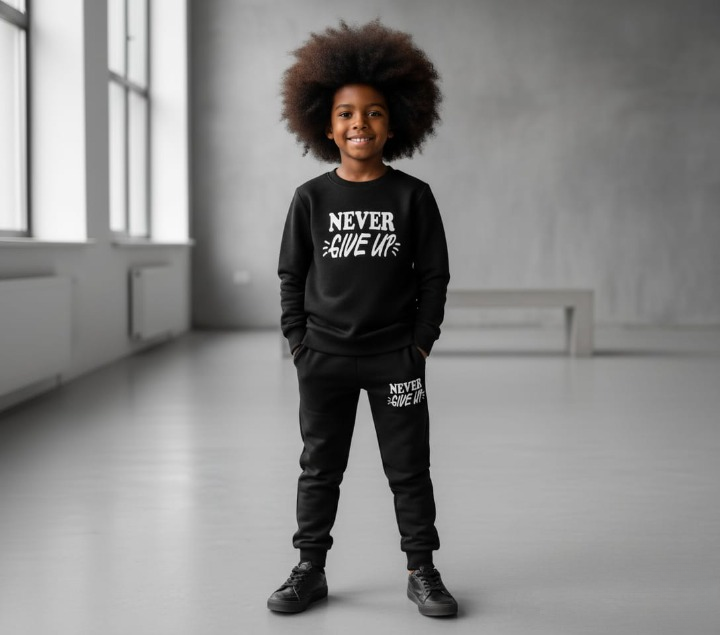 Kids Never Give Up Printed Black & Black Tracksuit Set - Image 3